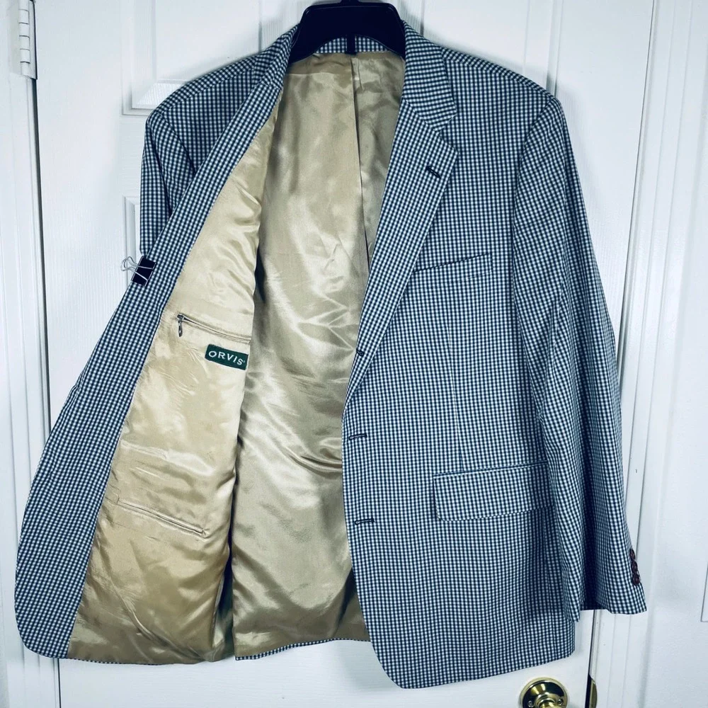 Orvis Mens 44R Gingham Blazer Blue White 3 Button Sport Coat Poly Cotton Blend